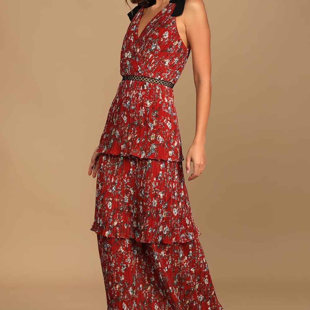 Such Sophistication Rust Red Floral Print Pleated Maxi Dress